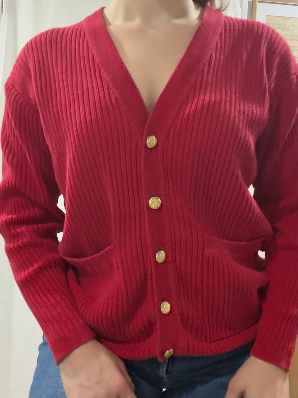 COCOA Red Ribbed 100% Cotton Cardigan Sweater Gold Crest Buttons Women’s Small